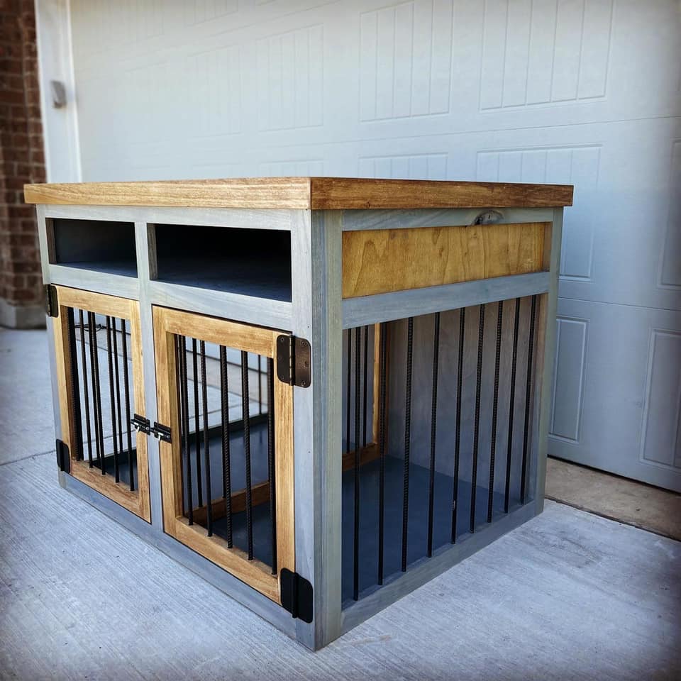 grey dog kennel with stained wood accents