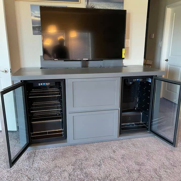 gray tv stand with refrigerator